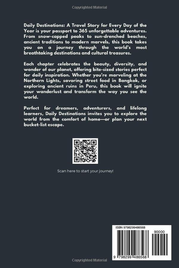 Back cover of a travel book with text and QR code on a dark background