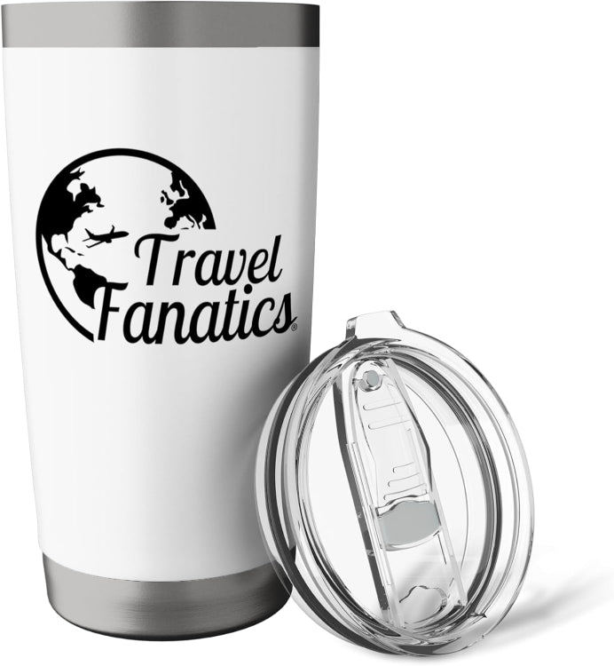 White tumbler with 'Travel Fanatics' logo and clear lid on a white background