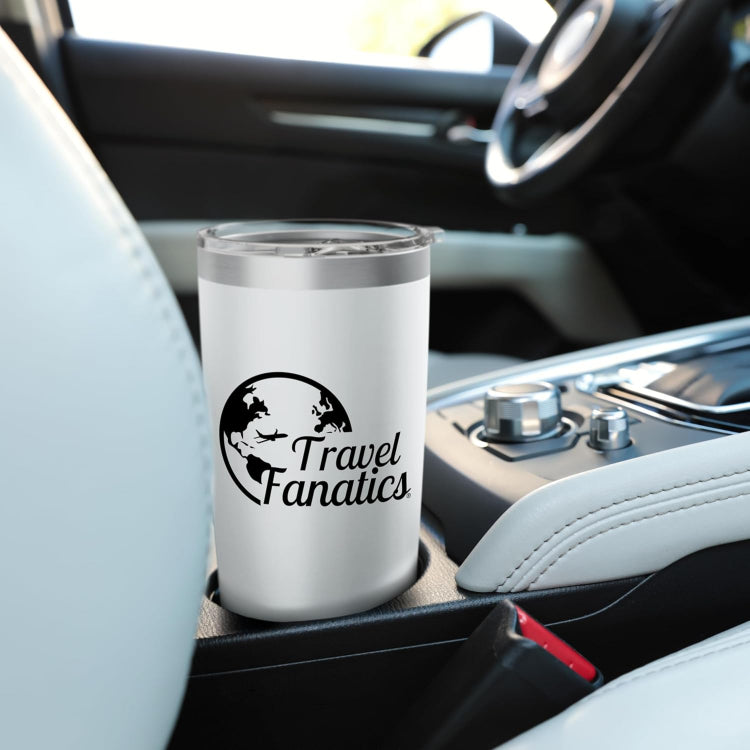 White tumbler with 'Travel Fanatics' logo on a car cup holder