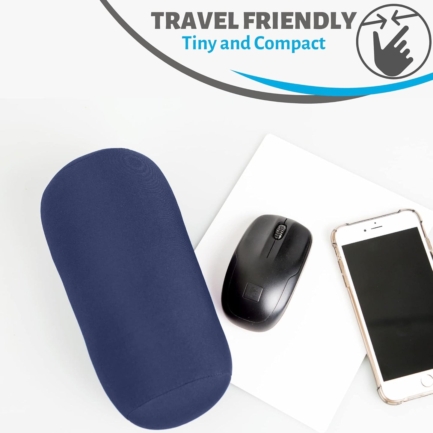 Travel Fanatics Mini Microbead Pillows Squishy Pillow - 3.5 by 8 Inch Tiny Neck Bead Pillow for Traveling, Airplane Flight, Car - Support for Neck, Back, Ankle, Arms, Knees, Legs, Surgery - Navy Blue