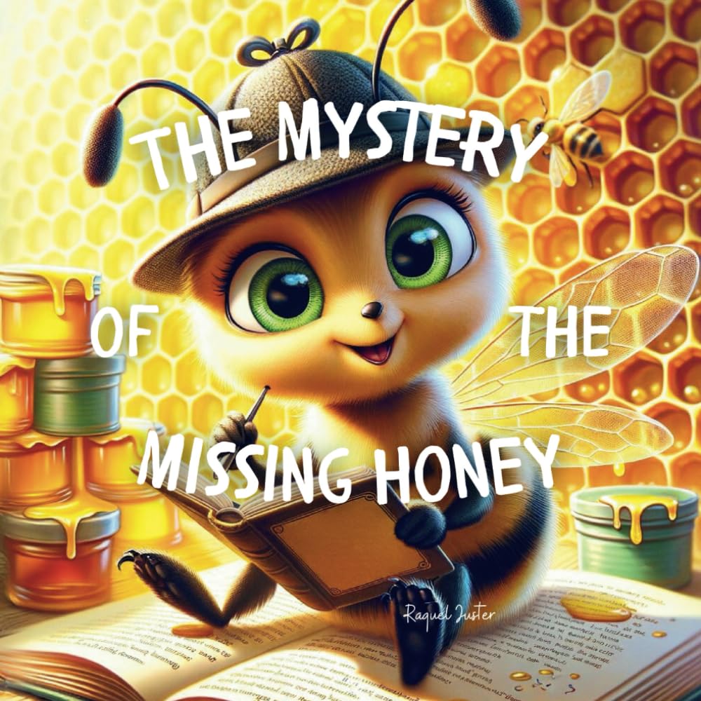 Illustrated children's book cover featuring a cartoon bee with a hat and a book, with text 'The Mystery of the Missing Honey'.