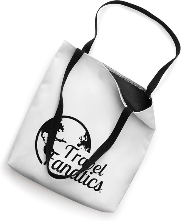 White tote bag with black strap and 'Travel Fantastics' logo on a white background