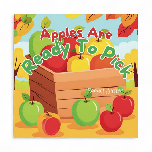 Book cover with apples and a wooden crate on a colorful background