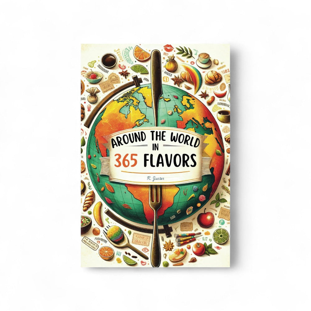 Book cover of 'Around the World in 365 Flavors' with a globe and various food illustrations.