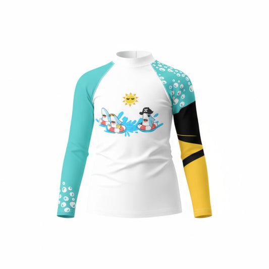 Children's long-sleeve shirt with a cartoon design on a white background