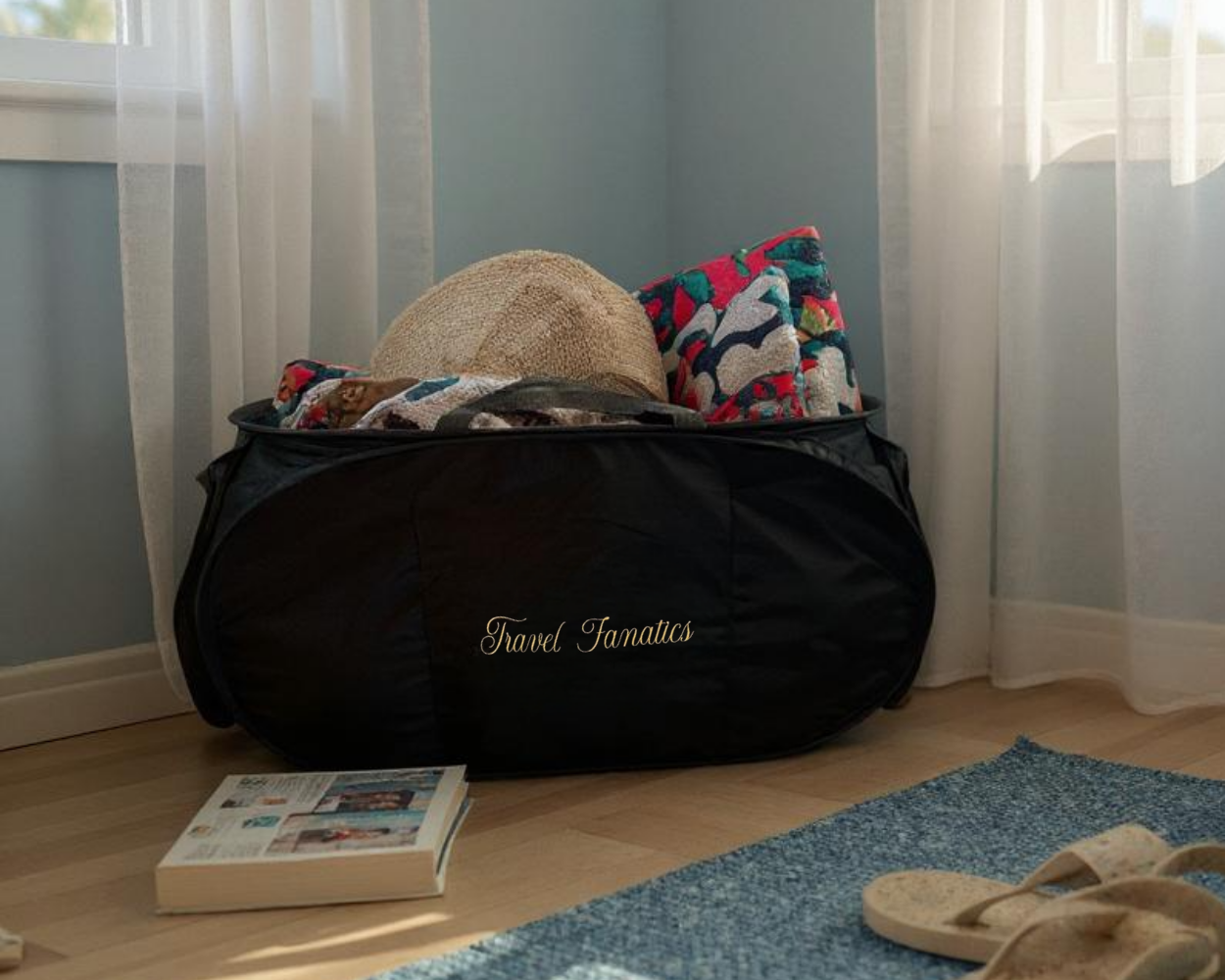 Black bean laundry basket with colorful pillows on a wooden floor next to a window.