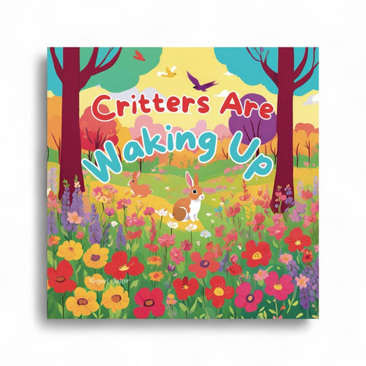 Children's book cover titled 'Critters Are Waking Up' with a colorful illustration of a rabbit and flowers.