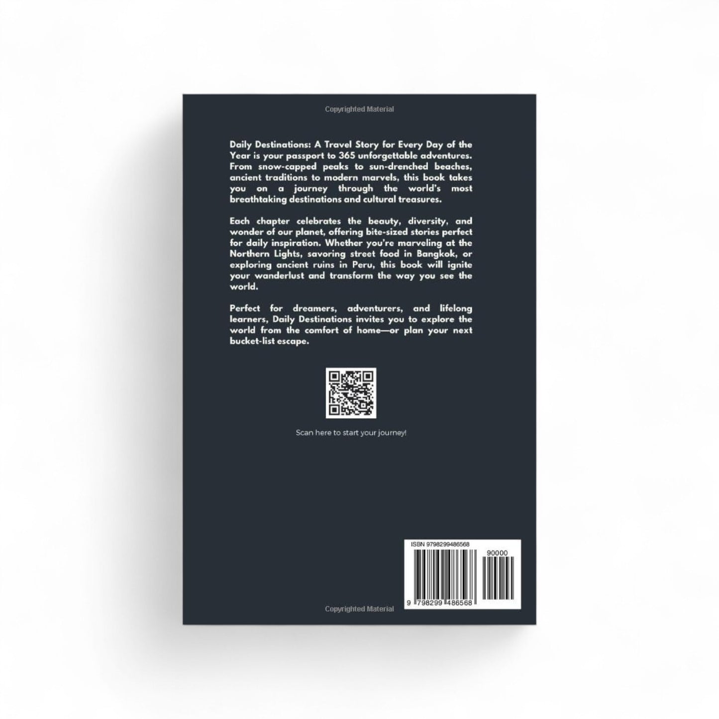 Back cover of a book with text and QR code on a white background