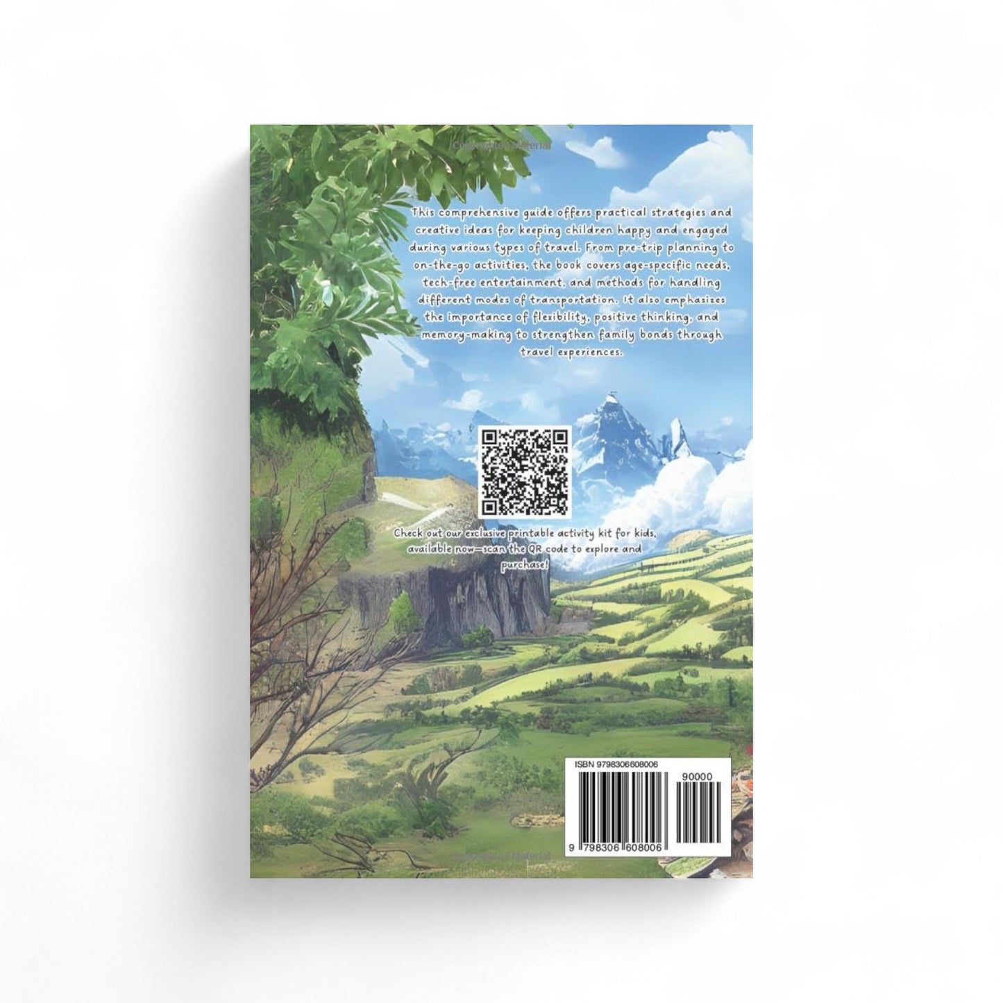 Book cover with a scenic illustration of a landscape and QR code.