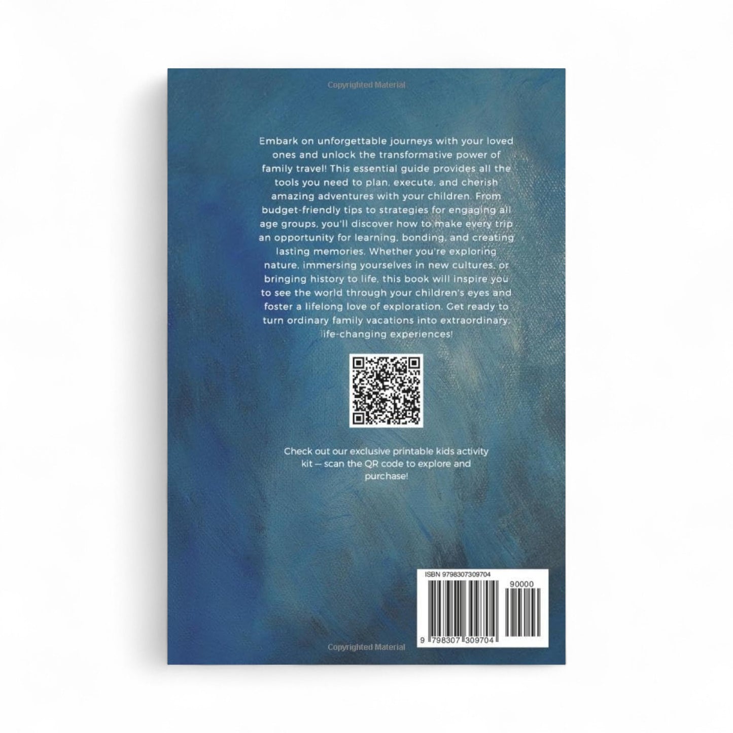 Back cover of a book with text and QR code on a blue watercolor background