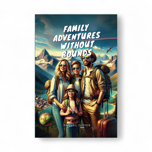 Book cover with a family on a mountain adventure and 'Family Adventures Without Bounds' text.