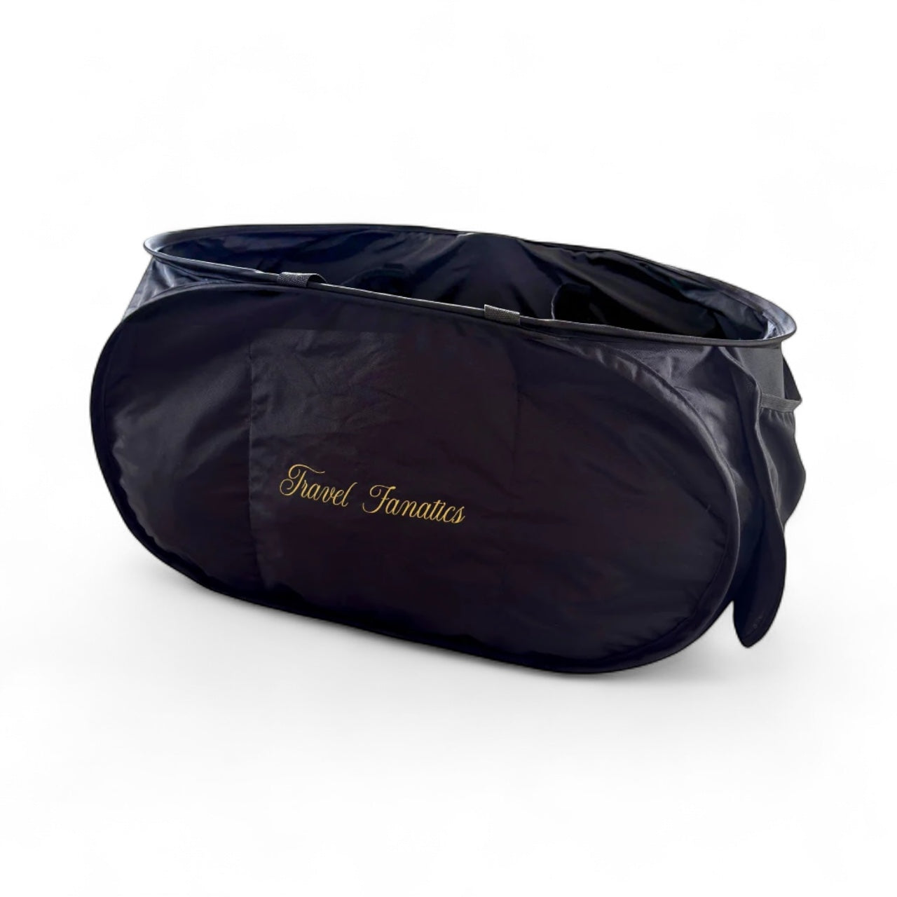 Black pet carrier with 'Travel Funnies' branding on a white background