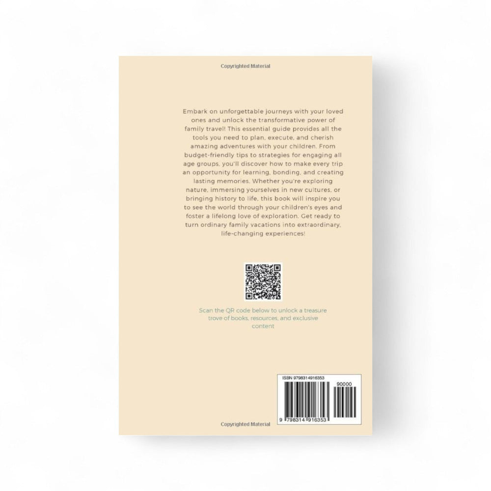 Back cover of a book with text and QR code on a beige background