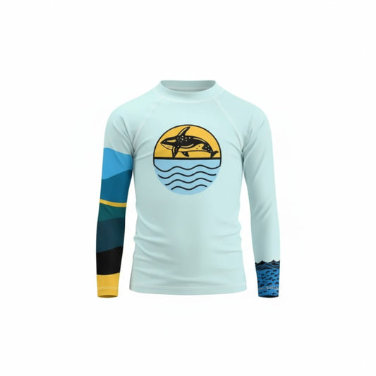 Light blue long-sleeve shirt with a shark and wave design on a white background