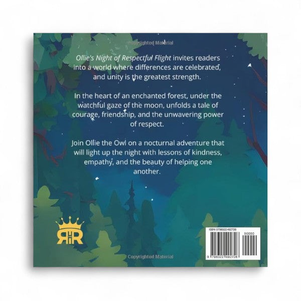 Book cover with forest design and text about a nocturnal adventure featuring Ollie the Owl.