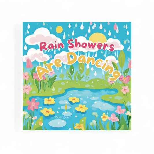 Book cover of 'Rain Showers Are Dancing' with a colorful illustration of a pond, flowers, and raindrops.