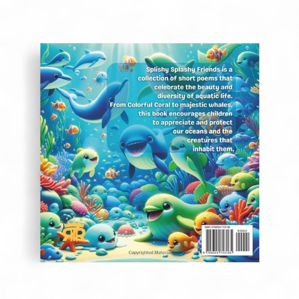 Book cover with underwater scene featuring dolphins and fish, text about the book's purpose.