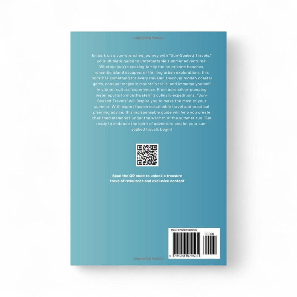 Back cover of a book with text and QR code on a light blue background