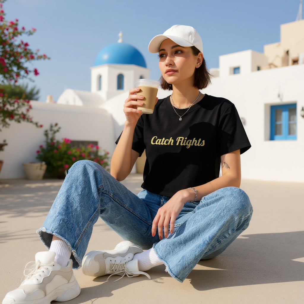 Person wearing a black t-shirt with 'Catch Flights' text, sitting outdoors with a scenic background.