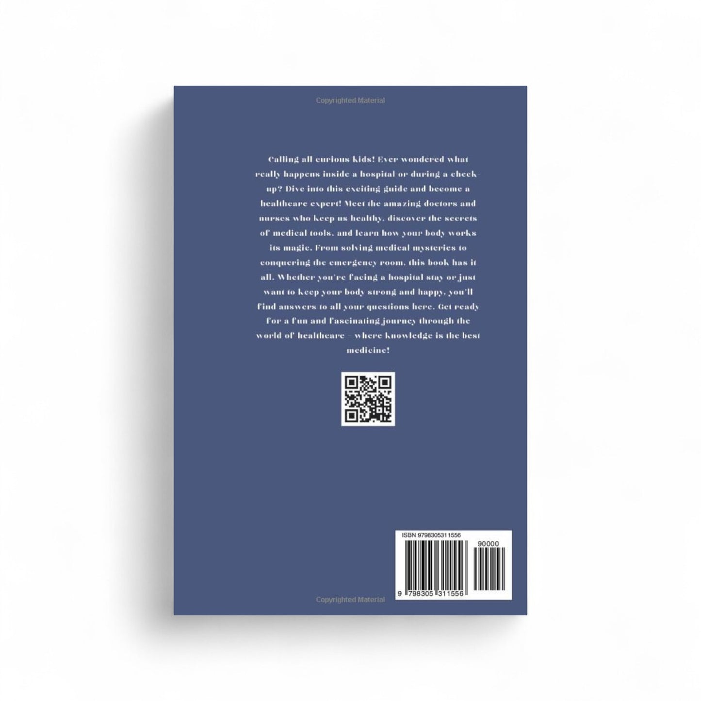 Book cover with text and QR code on a blue background