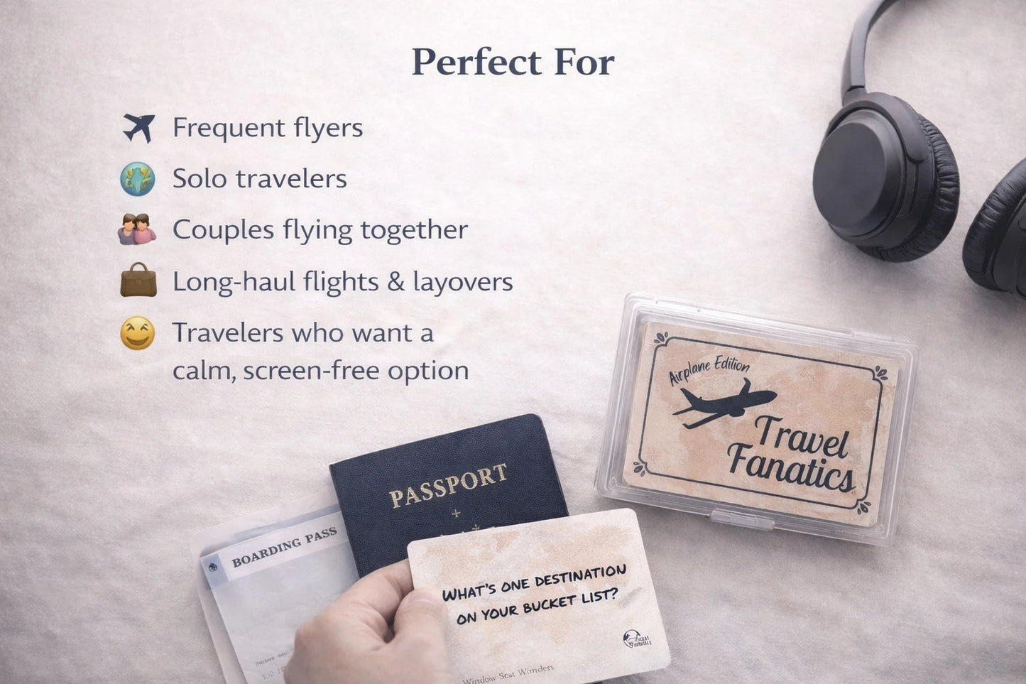 In-flight travel game cards packed in a carry-on bag for airplane trips