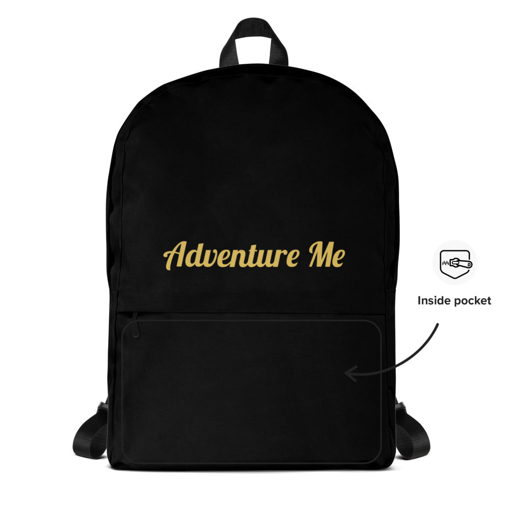 Black backpack with 'Adventure Me' text and an inside pocket indicator on a white background