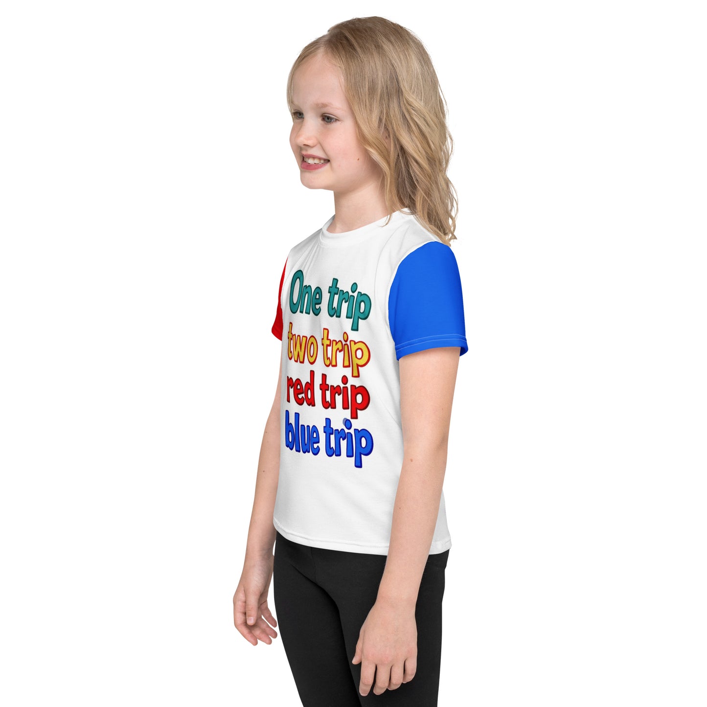 Child wearing a colorful t-shirt with text on a white background