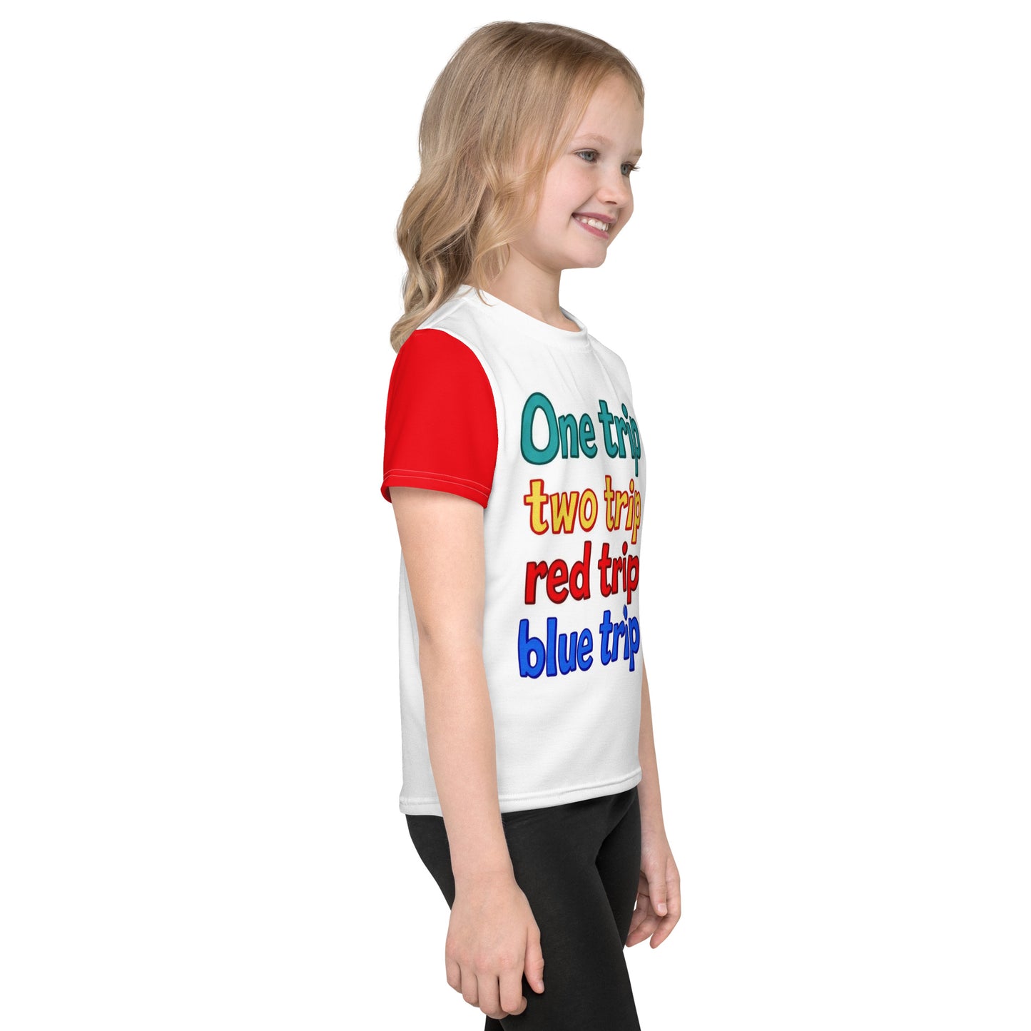 Child wearing a colorful t-shirt with text on a white background