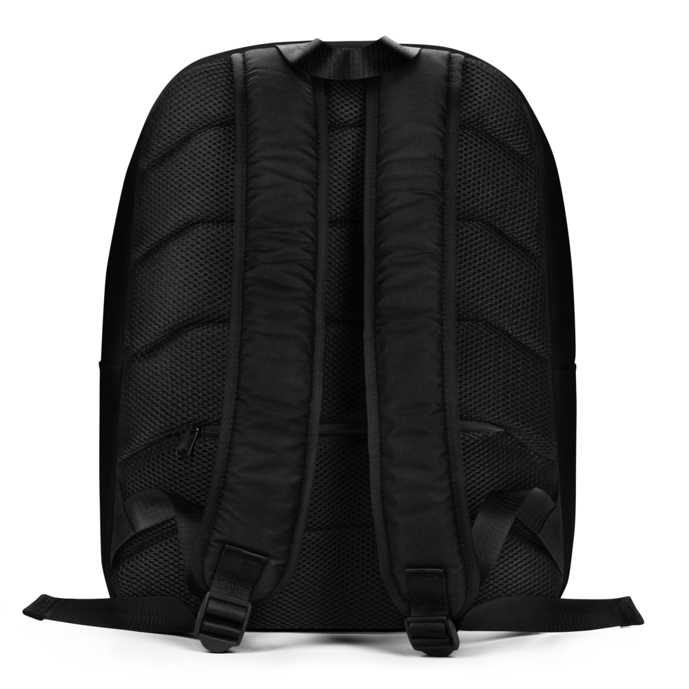 Black backpack shown from the back on a white background