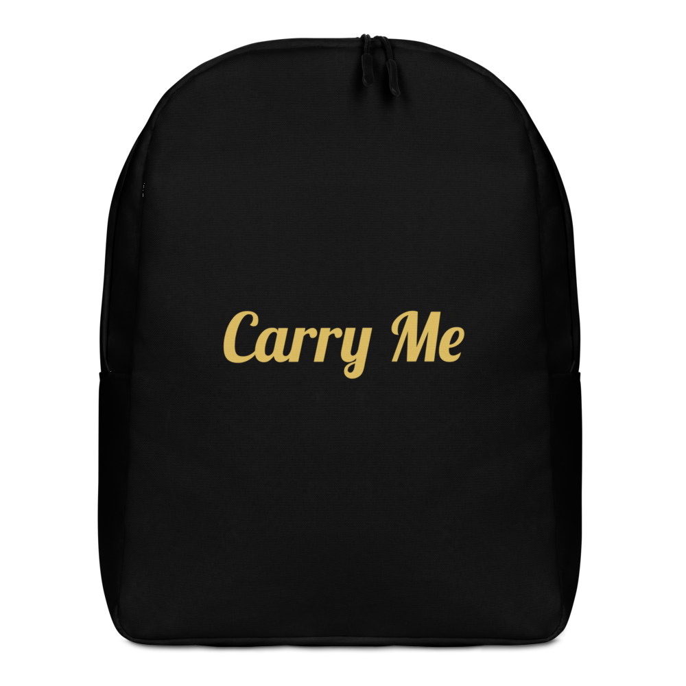 Black backpack with 'Carry Me' text in gold on a white background