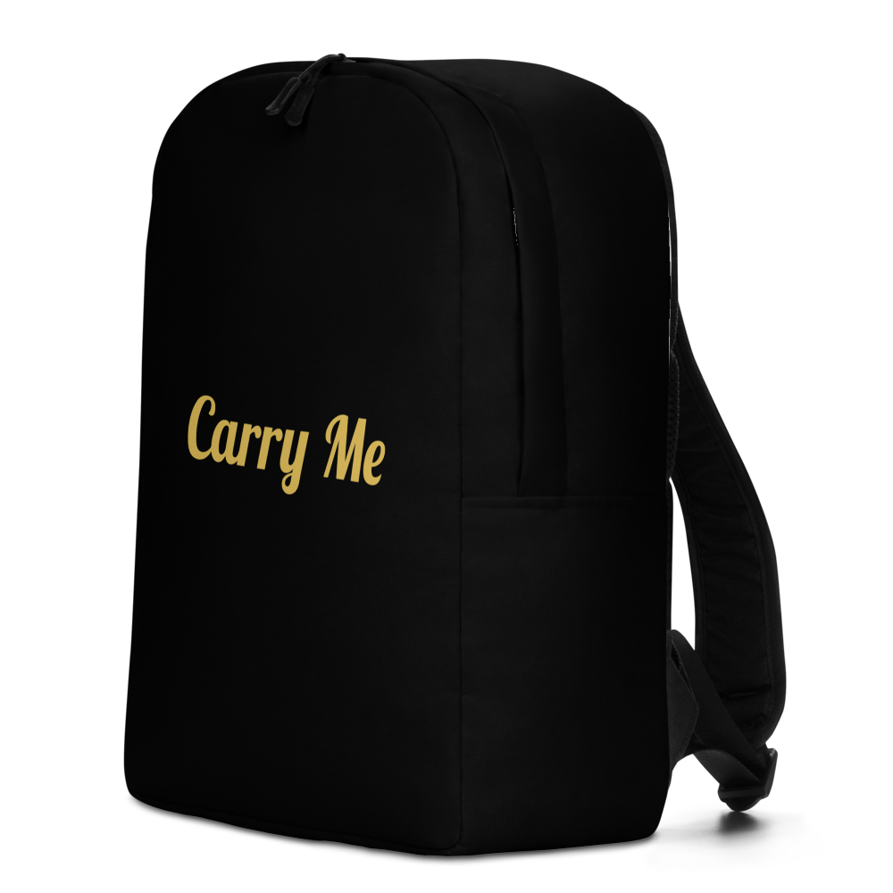Black backpack with 'Carry Me' text in gold on a white background