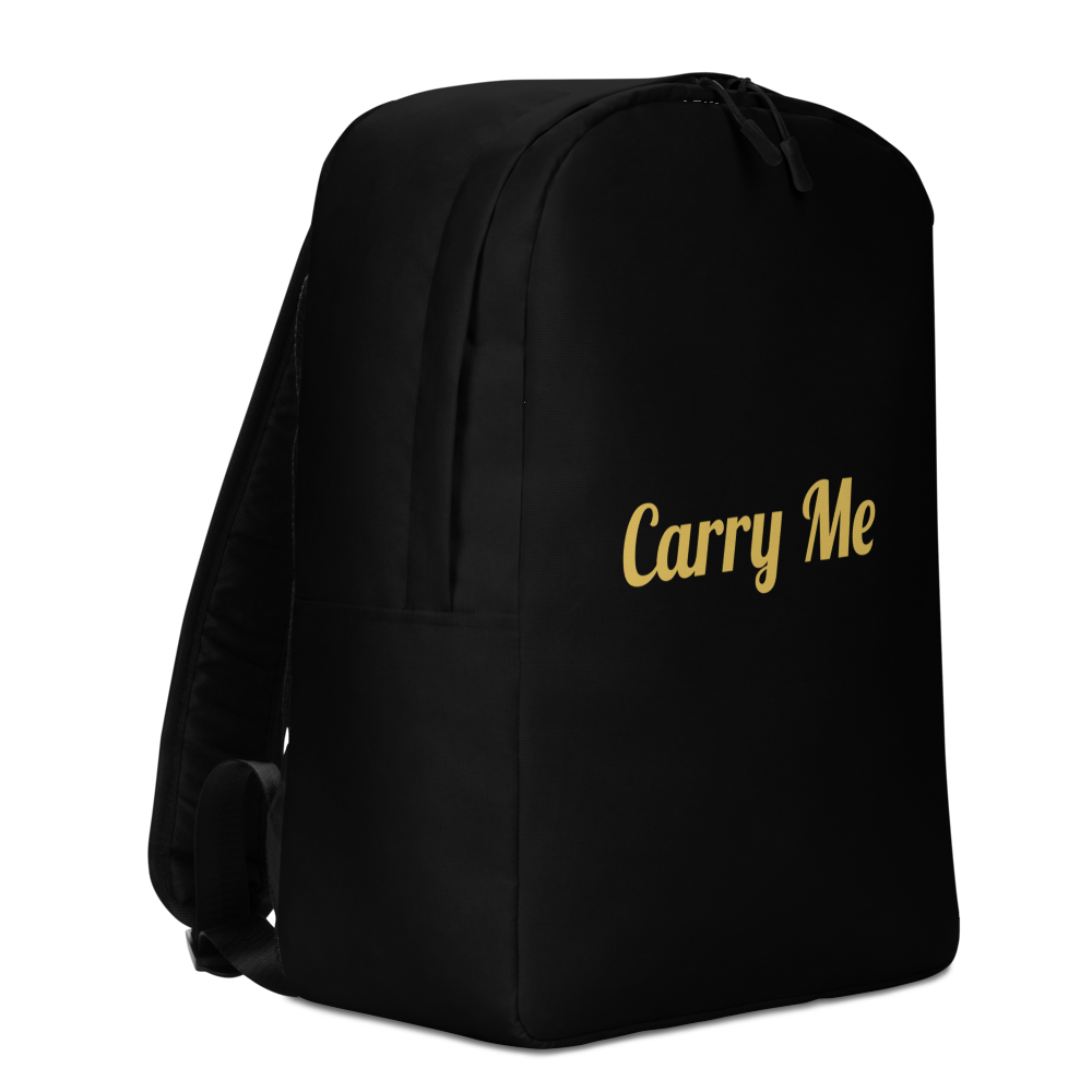 Black backpack with 'Carry Me' text in gold on a white background