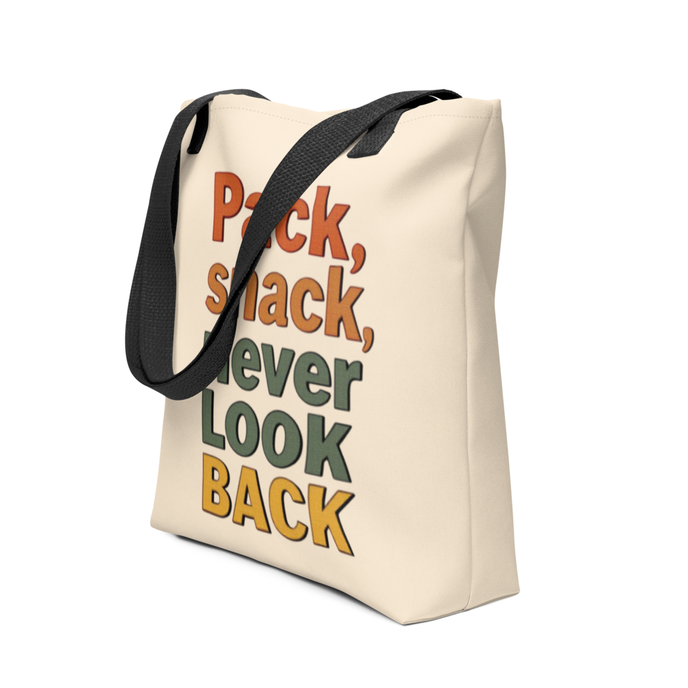 Beige tote bag with colorful text on a white background