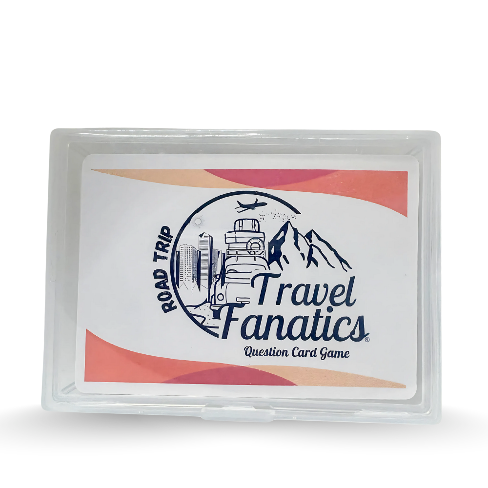 Travel Fanatics question card game packaging with mountain, car, and airplane graphics on a white background for two players or more