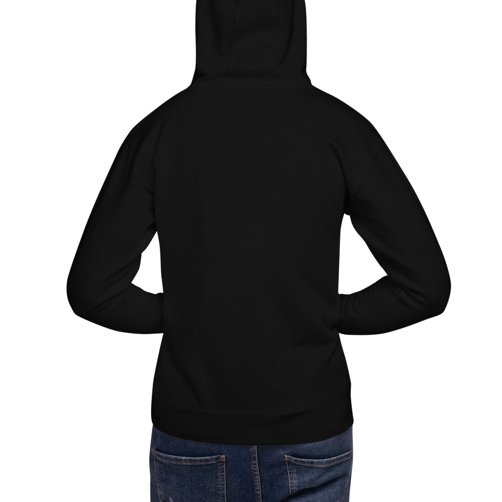 Black hoodie worn by a person on a white background