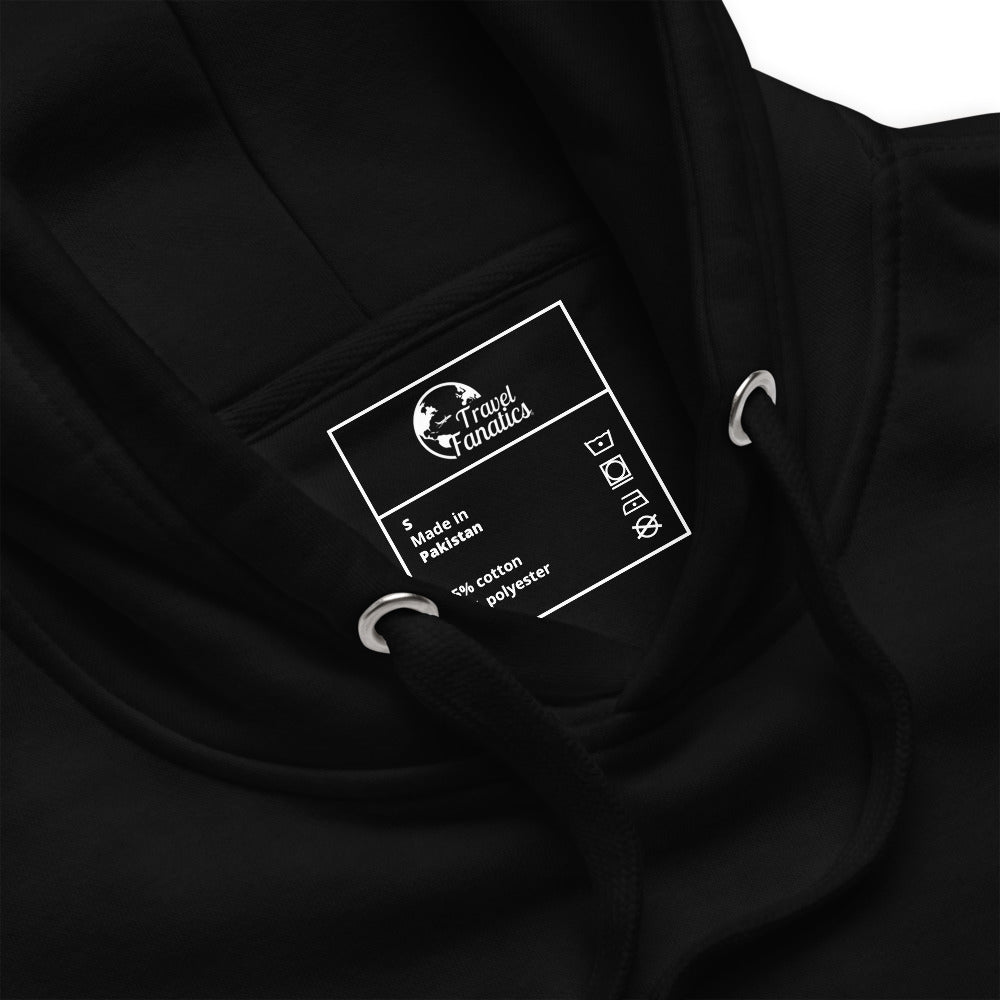 Black hoodie with a brand label on the chest area