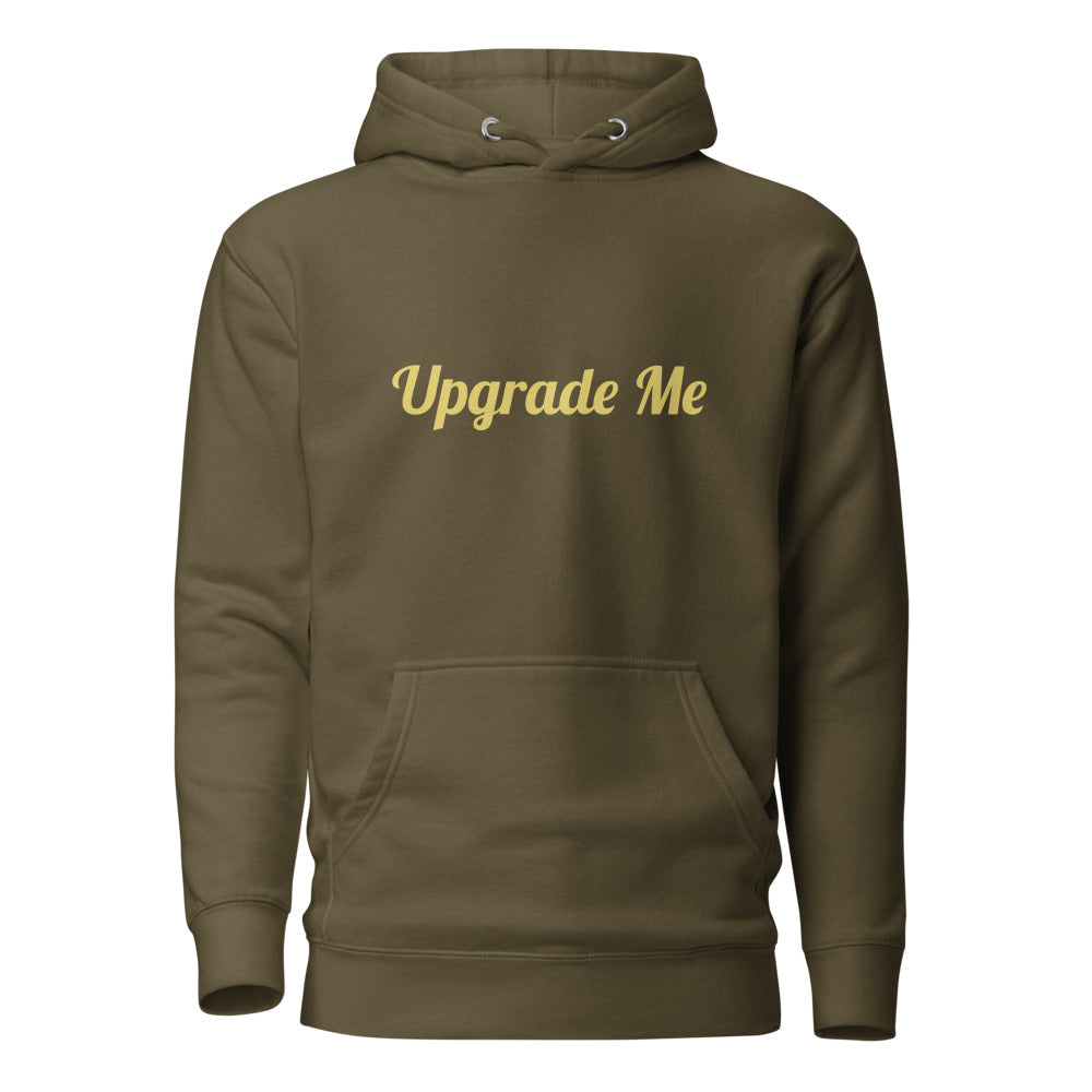 Brown hoodie with 'Upgrade Me' text on a white background