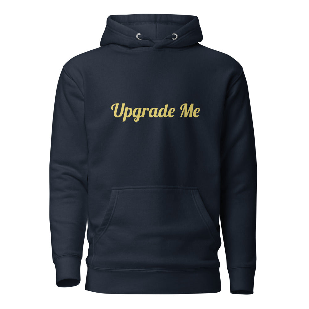 Navy hoodie with 'Upgrade Me' text in gold on a white background