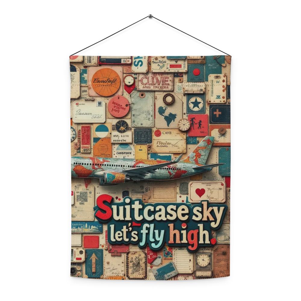 Travel-themed garden flag with a unique collage of torn travel brochures and map textures, highlighted by a bold airplane silhouette and playful red and teal text.