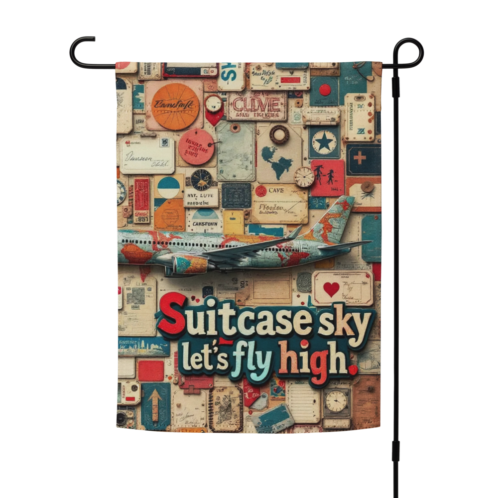 Decorative garden flag designed for travel lovers, featuring a retro-inspired collage of travel memorabilia and a striking airplane graphic with the phrase, 'Suitcase Sky, Let’s Fly High.