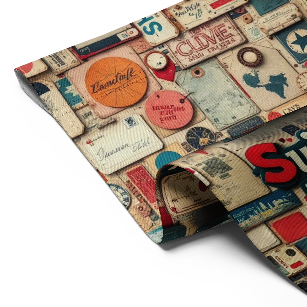 Outdoor garden flag with a travel-inspired design showcasing a mix of vintage travel elements, including luggage tags and passport stamps, paired with a bold airplane graphic and colorful lettering.