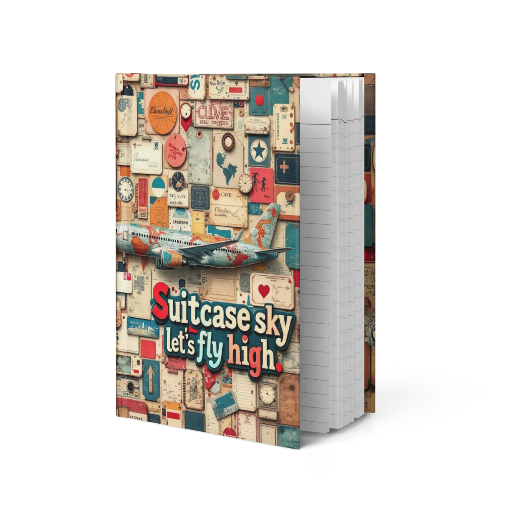 Hardcover journal with a sleek matte finish, showcasing a vibrant travel-themed cover design of retro luggage tags, maps, and a bold airplane graphic with scrapbook-style lettering.
