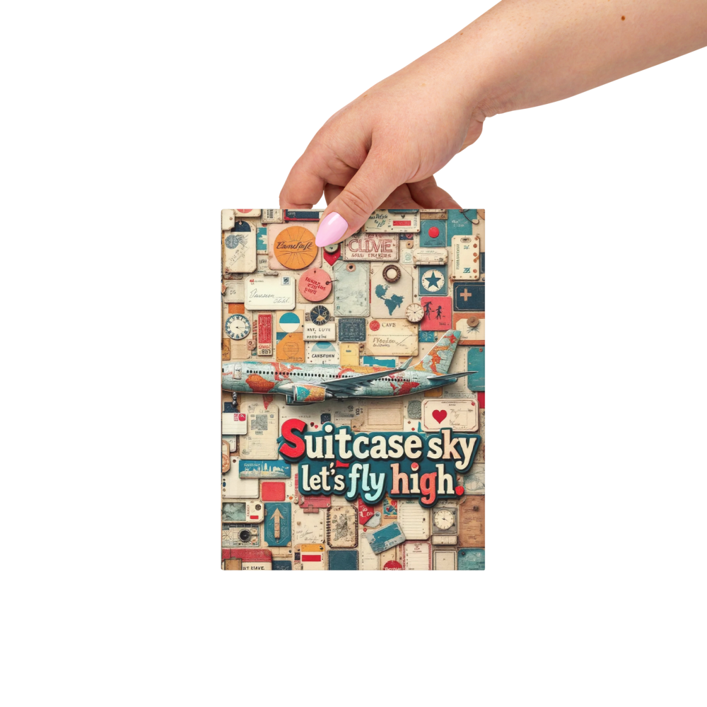 Stylish journal with a matte laminated cover, adorned with a collage of vintage travel elements and a striking airplane silhouette filled with map textures, paired with the phrase, 'Suitcase Sky, Let’s Fly High.'
