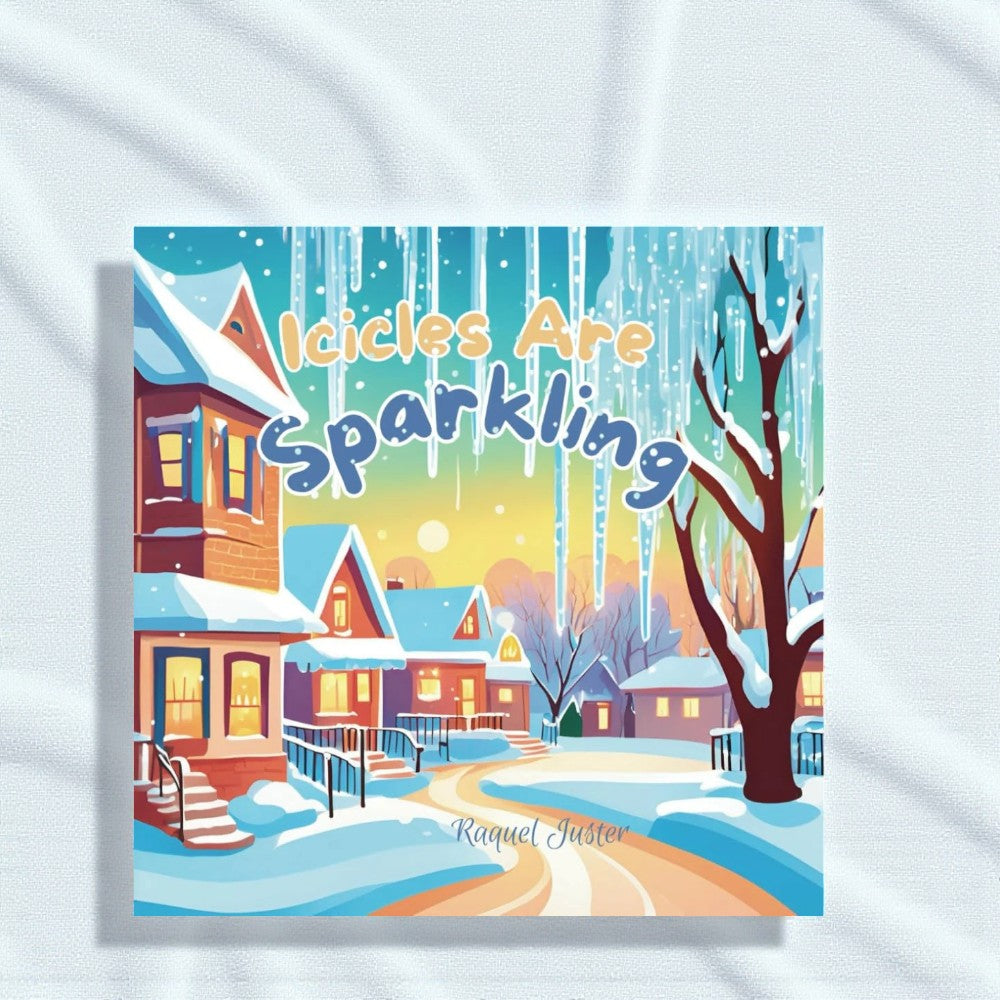 Winter scene with houses and icicles on a white fabric background