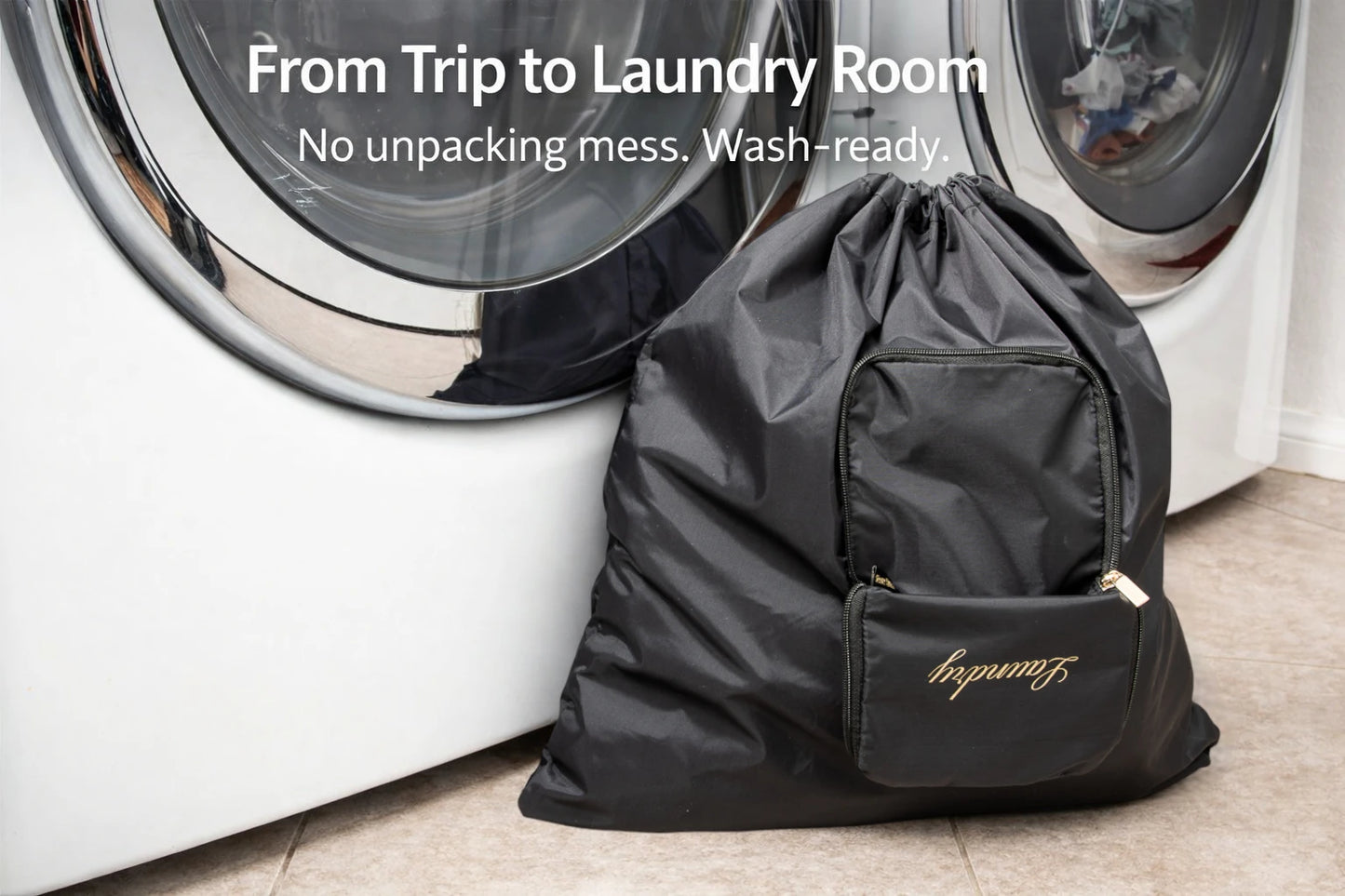 Travel laundry bag next to washing machine for easy unpacking after trip