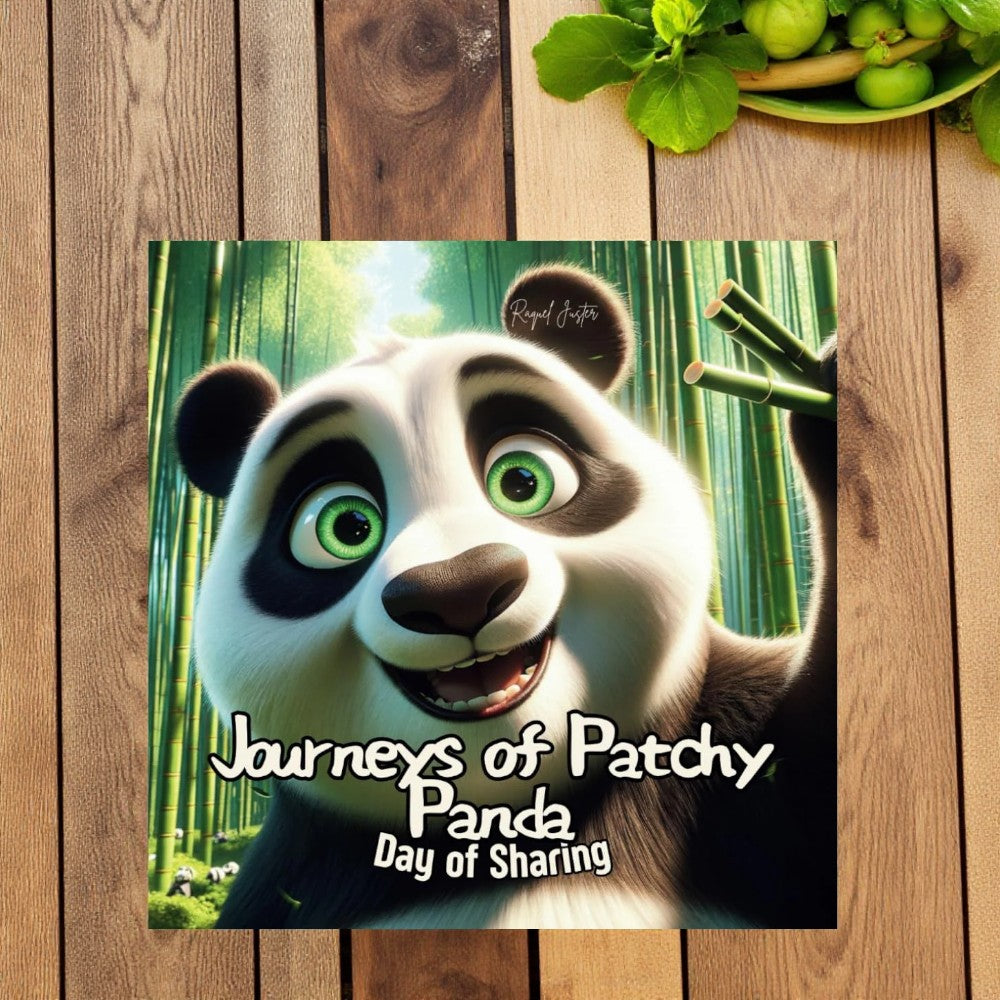 Poster of an animated panda with bamboo and apples on a wooden surface
