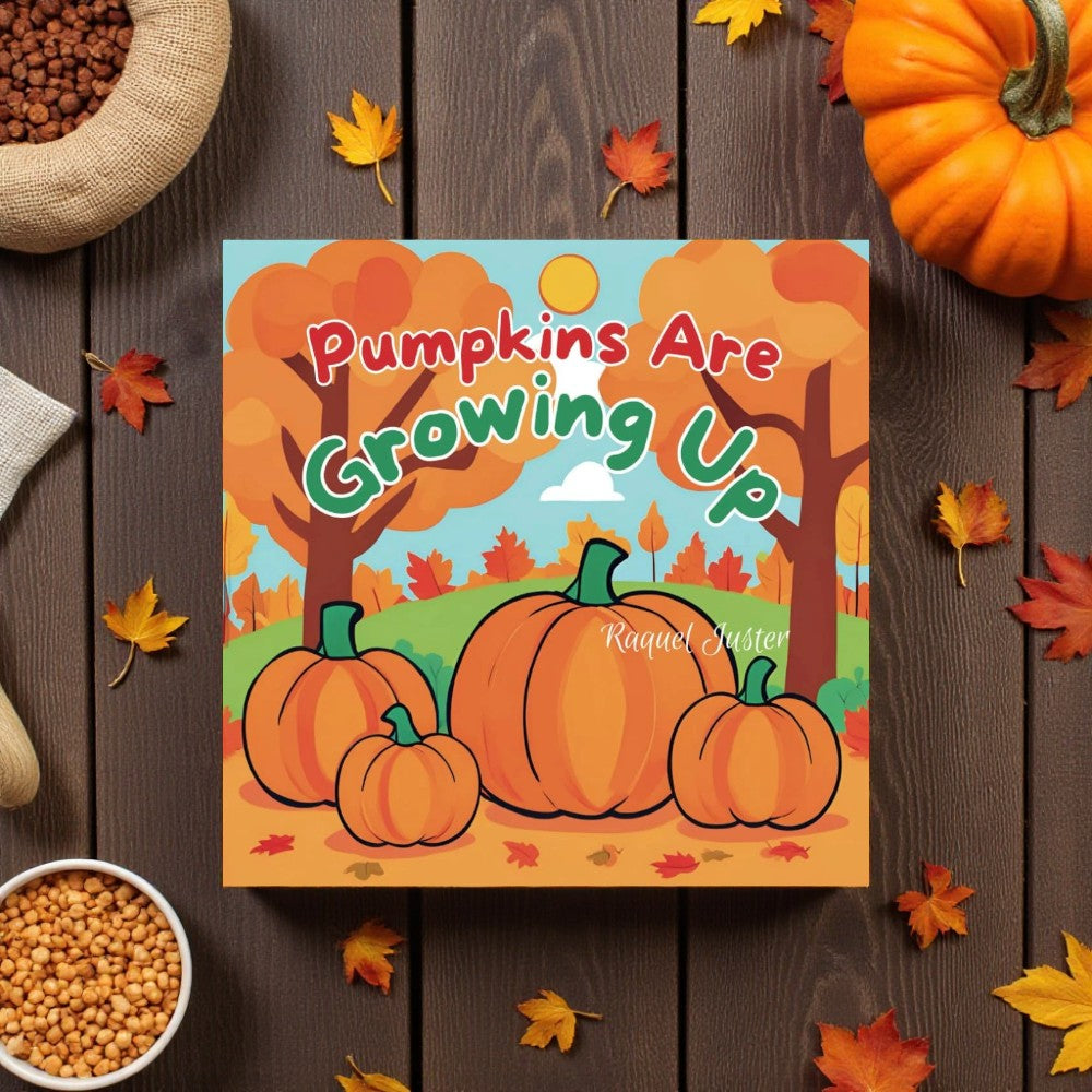 Children's book titled 'Pumpkins Are Growing Up' on a wooden surface with pumpkins and leaves.