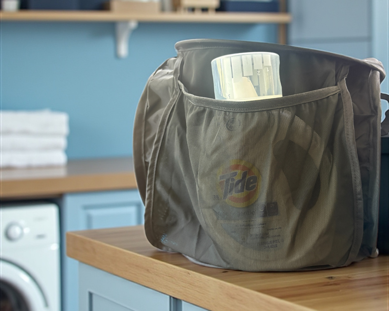 Tide detergent in a laundry bag on a kitchen counter with a blue wall in the background