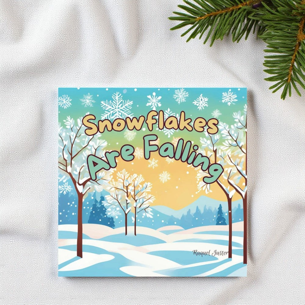 Book titled 'Snowflakes Are Falling' with a winter scene cover on a white background