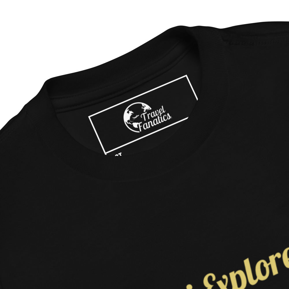 Black t-shirt with 'Travel Fanatics' logo on a white background